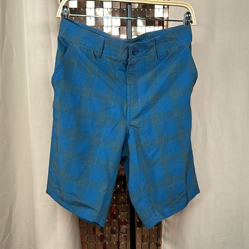 Rip Zone Dark Teal and Mustard Plaid Print Long Light Weight Shorts Size 30
